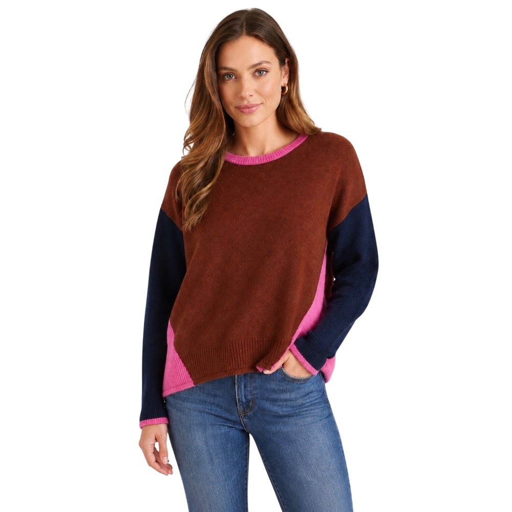 NWT LOFT Colorblock Crew Neck Sweater XL Brown Pink Navy Blue Knit Pullover